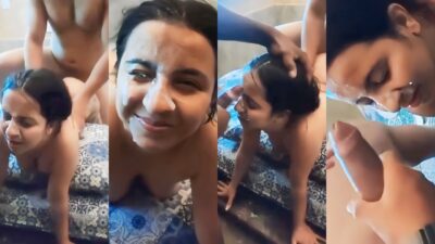 Horny GF Threesome Fuck Getting Cum Shower Video HD
